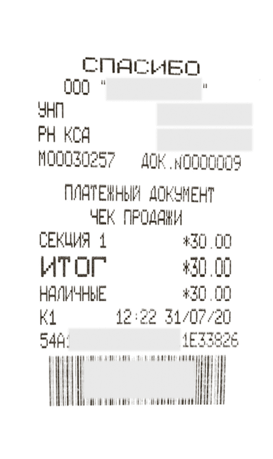 Sample receipt showing the payment amount with the seller’s details obscured